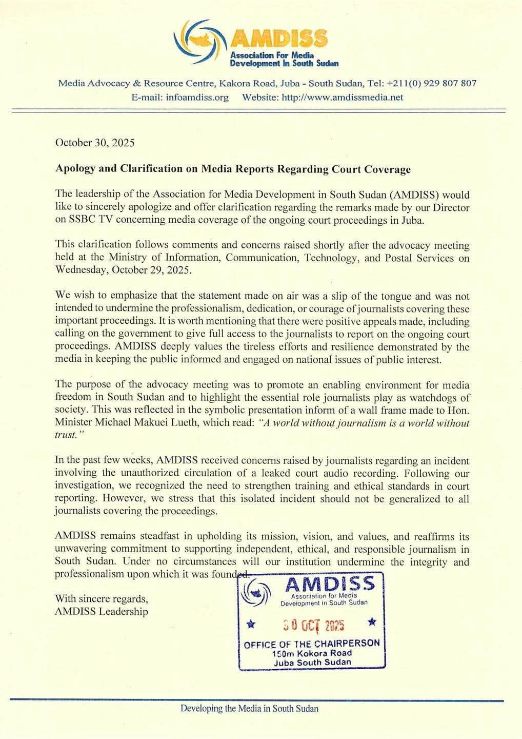 AMDISS APOLOGIZES TO JOURNALISTS