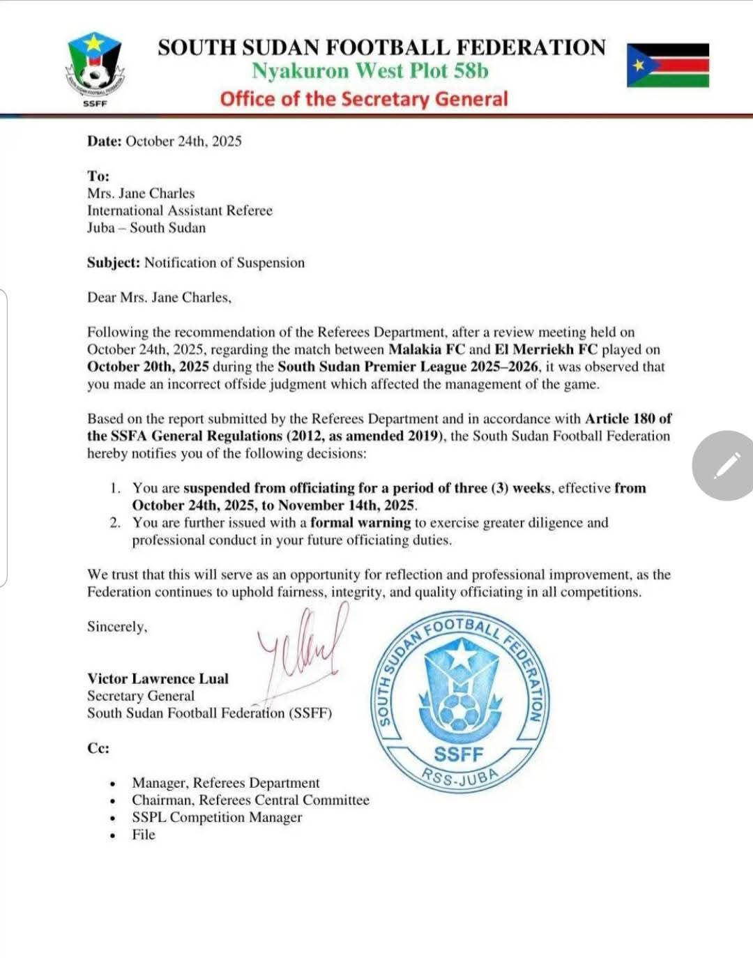 South Sudan Football Federation (SSFF) suspends referee